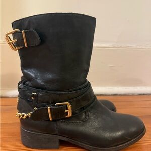 Steve Madden Genuine Leather Black Ankle Boots with Gold Buckles